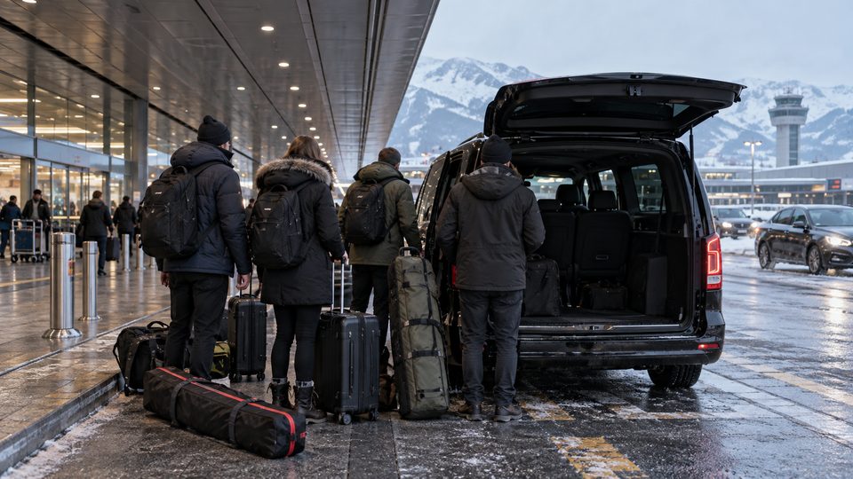 Travellers loading ski bags and suitcases into a minibus outside an airport in winter