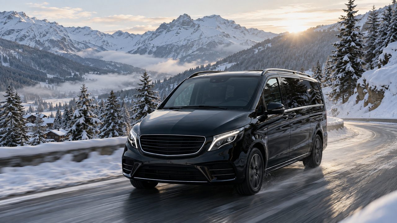 A minibus on a snowy mountain road in the Alps